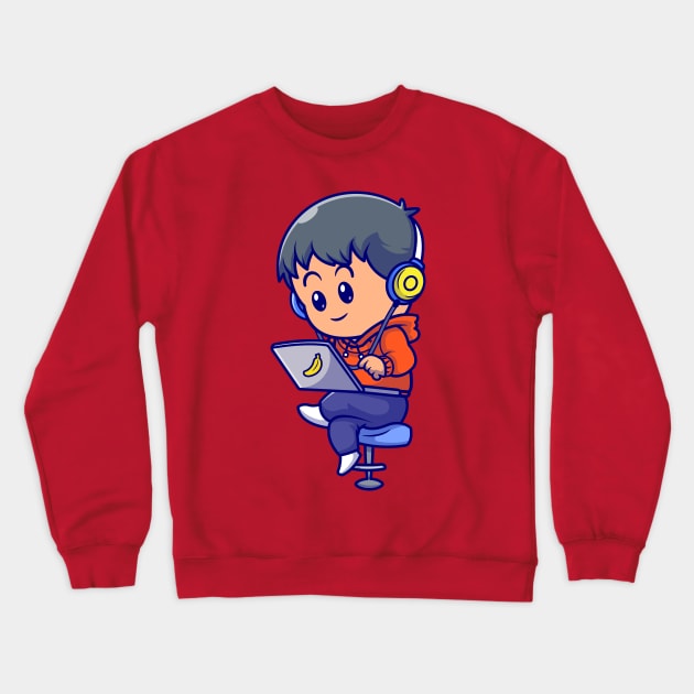 Cute People Playing Laptop Cartoon Crewneck Sweatshirt by Catalyst Labs